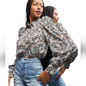 Jeannie Mai X INC Shoulder Pad Button-Front Shirt Navy Blouse Paisly XL